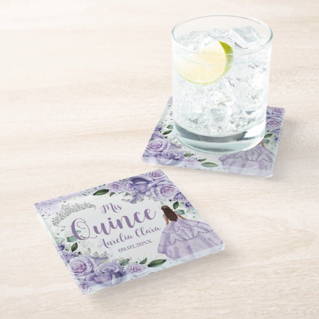 Quinceañera Purple Roses Floral Silver Princess Glass Coaster (Angled)