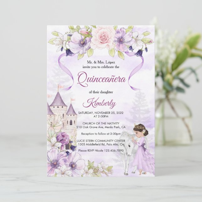 Quinceañera Purple Roses Floral Silver Princess Invitation (Standing Front)
