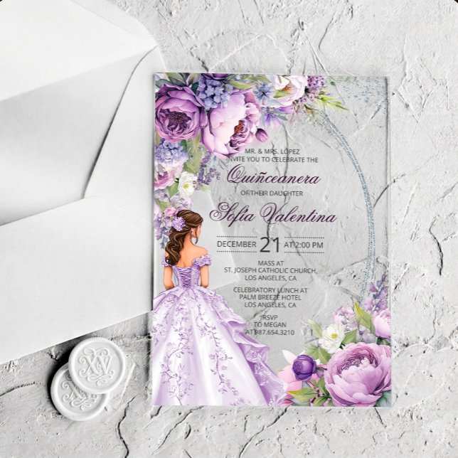 Quinceanera Purple Silver Acrylic Invitation (Soft Purple Silver Quinceanera Invitation)