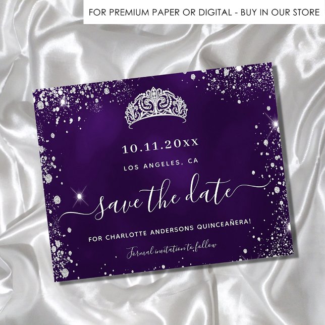 Quinceanera purple silver budget glitter save date flyer (Creator Uploaded)