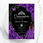Quinceanera Purple Silver Butterfly Dress Floral Invitation<br><div class="desc">Purple black and silver Quinceanera celebration invitation. Features brunette girl in ball gown dress,  script font,  silver butterflies,  watercolor roses and tiara. Perfect for an elegant princess style glam celebration. Personalize with your own details. Printed Zazzle invitations or instant download digital printable template.</div>