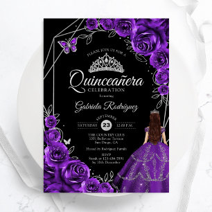 Quinceanera Purple Silver Butterfly Dress Floral Invitation