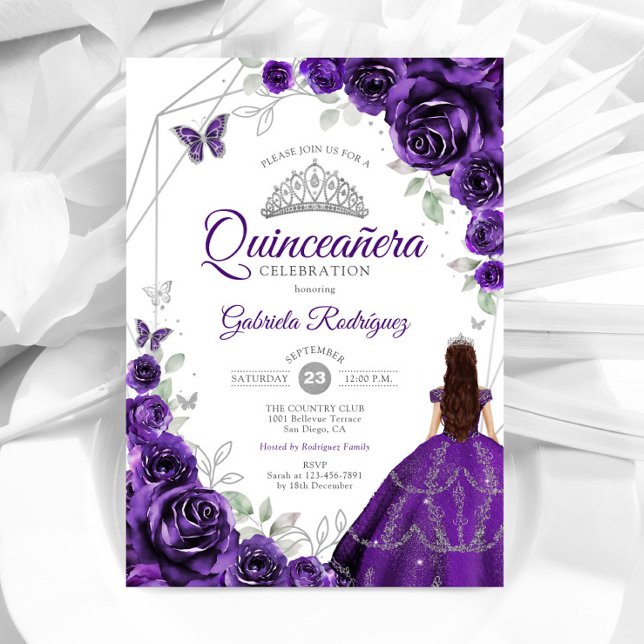 Quinceanera Purple Silver Dress Floral Invitation (Creator Uploaded)
