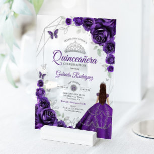 Quinceanera Purple Silver Floral Dress Acrylic Invitations