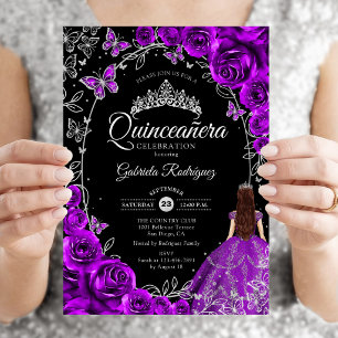 Quinceanera Purple Silver Floral Invitation