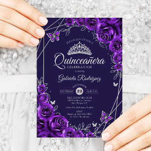 Quinceanera Purple Silver Floral Invitation