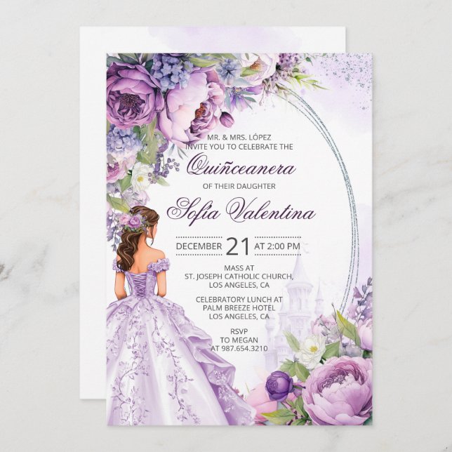 Quinceanera Purple Silver Floral Invitation (Front/Back)