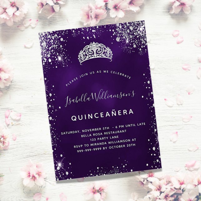 Quinceanera purple silver glitter tiara crown invitation (Creator Uploaded)