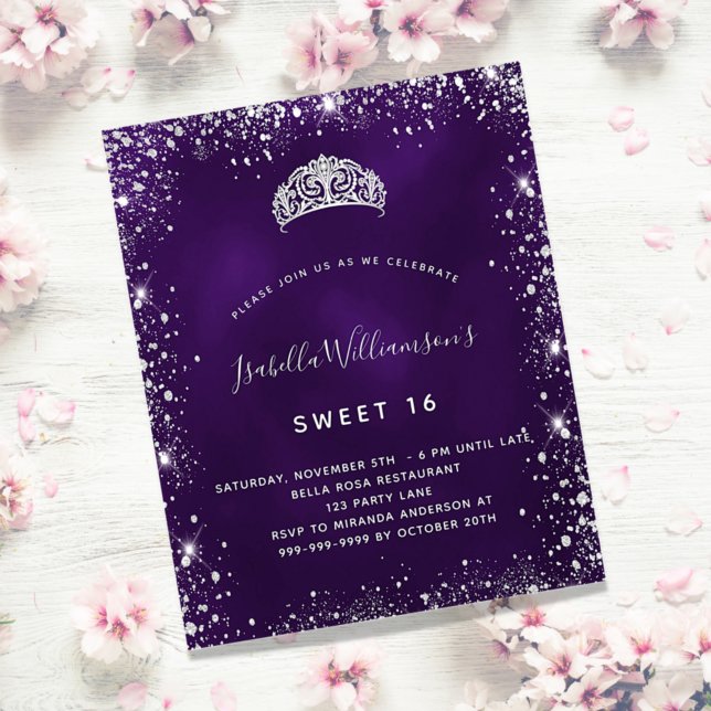 Quinceanera purple silver tiara budget invitation flyer (Creator Uploaded)
