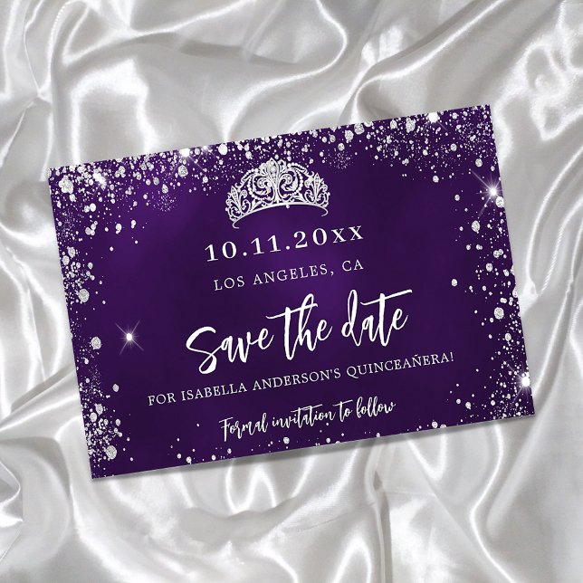 Quinceanera purple silver tiara save the date announcement postcard (Creator Uploaded)