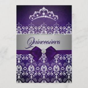 Quinceanera Purple Sparkle Diamond Tiara Bow Invitation