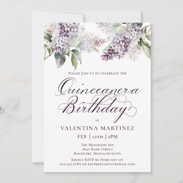Quinceanera Purple Spring Lilac Flower Invit Invitation (Front)
