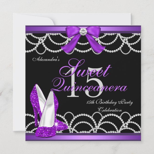 Quinceanera Purple Sweet 15 Party Glitter Black Invitation (Front)