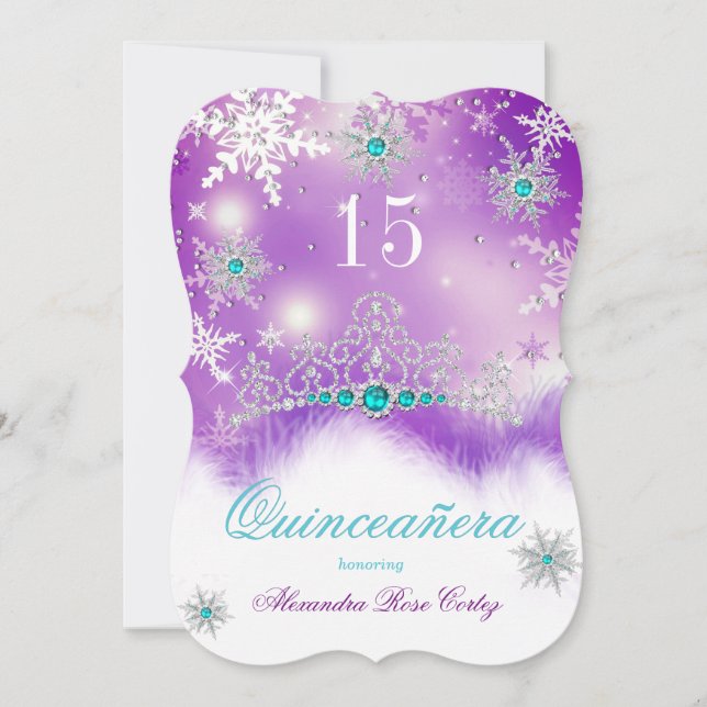 Quinceanera Purple Teal Blue Pearl Snowflake Invitation (Front)