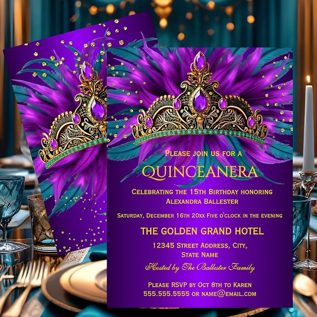 Quinceanera Purple Teal Blue Tiara Birthday Party Invitation (Creator Uploaded)