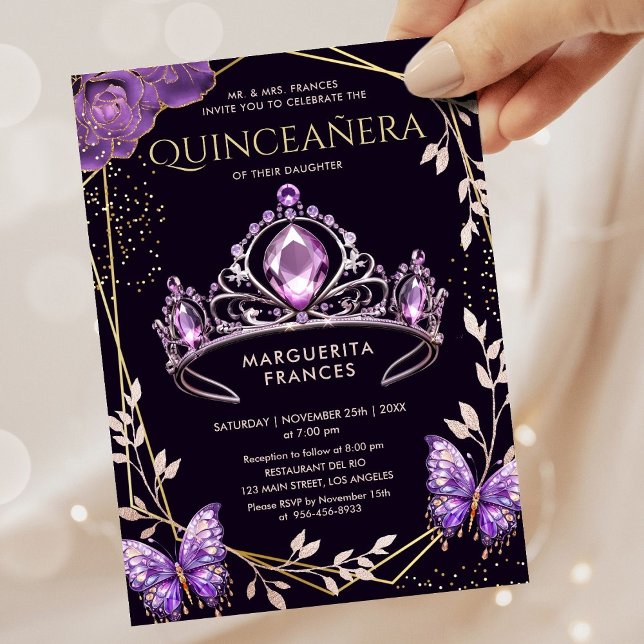 Quinceañera Purple Tiara Floral Butterfly Elegant  Invitation (Creator Uploaded)