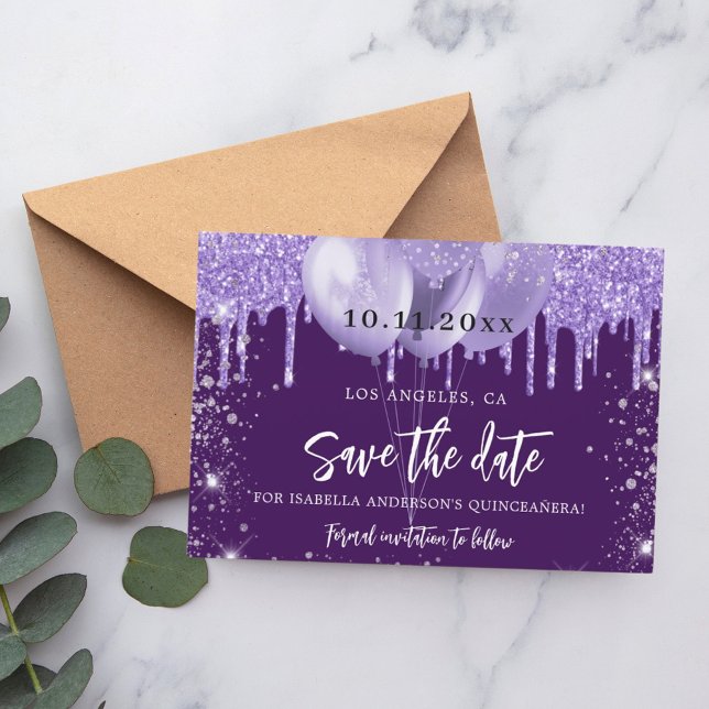 Quinceanera purple violet sparkles balloons save the date (Creator Uploaded)