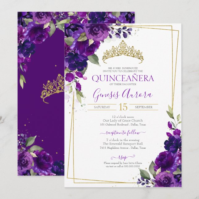 Quinceañera Purple Watercolor Floral Invitation (Front/Back)