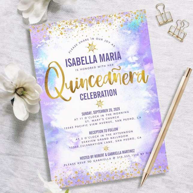 Quinceañera Purple Watercolor Gold Foil Elegant Invitation (Creator Uploaded)