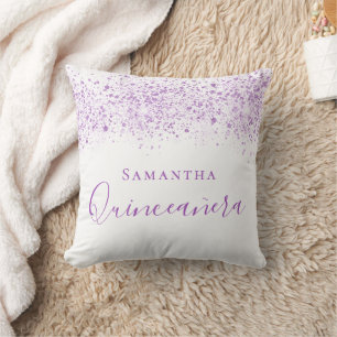 Quinceanera purple white name script cushion