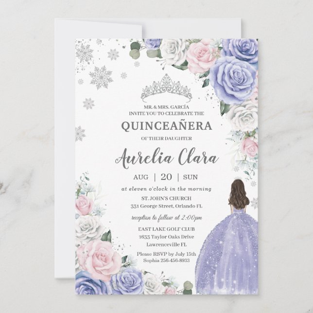 Quinceañera Purple White Pink Floral Winter Snow Invitation (Front)