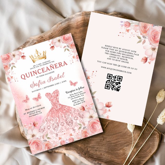 Quinceañera QR Code Blush Pink Rose Floral  Invitation (Creator Uploaded)