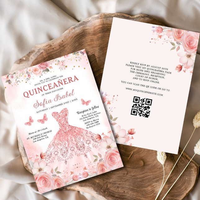 Quinceañera QR Code Blush Pink Rose Floral  Invitation (Creator Uploaded)