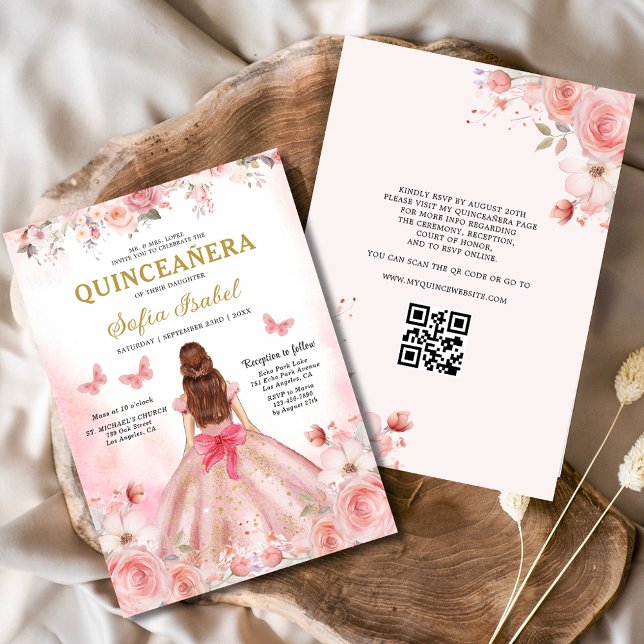 Quinceañera QR Code Blush Pink Rose Floral  Invitation (Creator Uploaded)