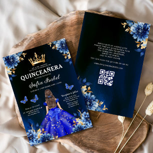 Quinceanera QR Code Royal Blue Butterfly Princess Invitation