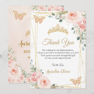 Quinceañera Quince Blush Pink Floral Butterflies Thank You Card
