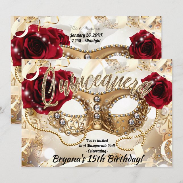 Quinceañera Quince Cream Gold Masquerade Party Invitation (Front/Back)