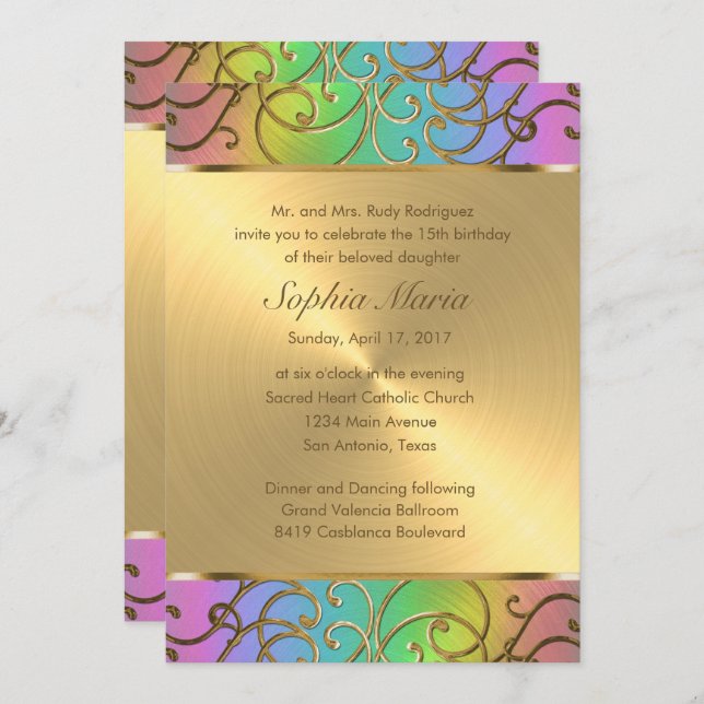 Quinceanera Rainbow and Gold Filigree Swirls Invitation (Front/Back)