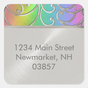 Quinceanera Rainbow and Silver Filigree Swirls Square Sticker