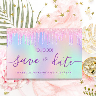 Quinceanera rainbow glitter pink save the date postcard