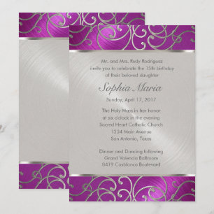 Quinceanera Raspberry and Silver Filigree Swirls Invitation
