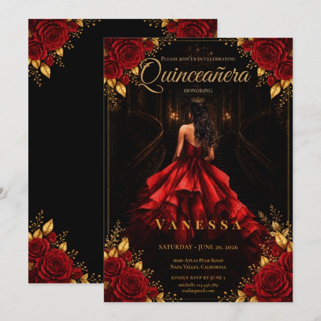 Quinceanera Read and gold Invitation (Front/Back)