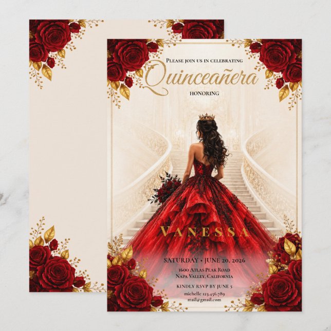 Quinceanera Read and gold Invitation (Front/Back)