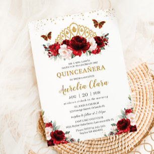 Quinceañera Red and Blush Floral Butterflies Tiara Invitation