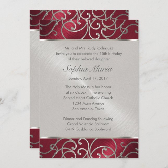 Quinceanera Red and Silver Filigree Swirls Invitation (Front/Back)
