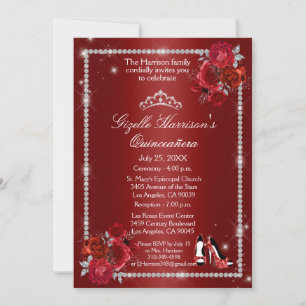 Quinceanera Red and Silver Floral Elegant Invitation