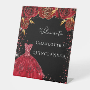 Quinceanera red black dress florals welcome pedestal sign