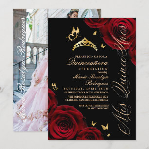 Quinceanera Red Black Gold Tiara Invitation