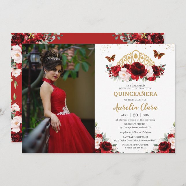 Quinceañera Red Blush Floral Butterflies Crown Invitation (Front/Back)