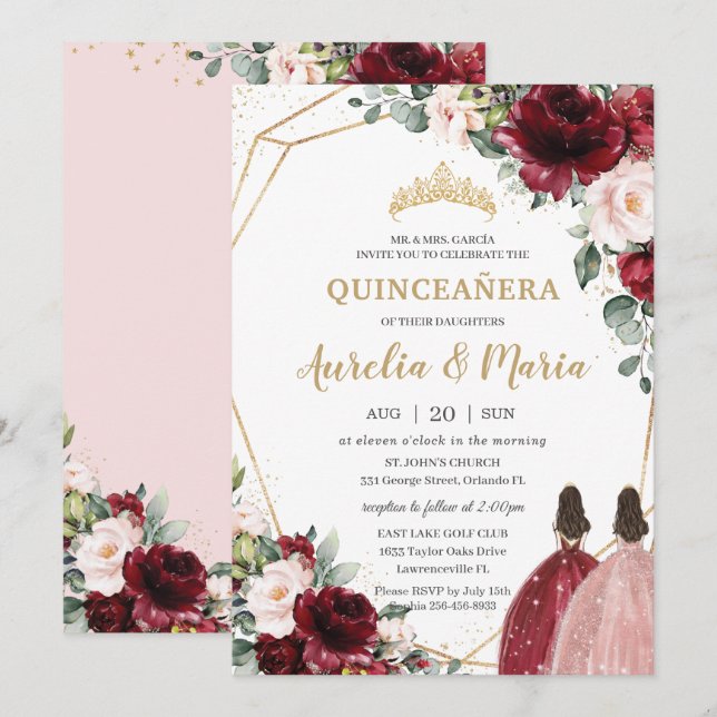 Quinceañera Red Blush Pink Rose Gold Floral Twins  Invitation (Front/Back)