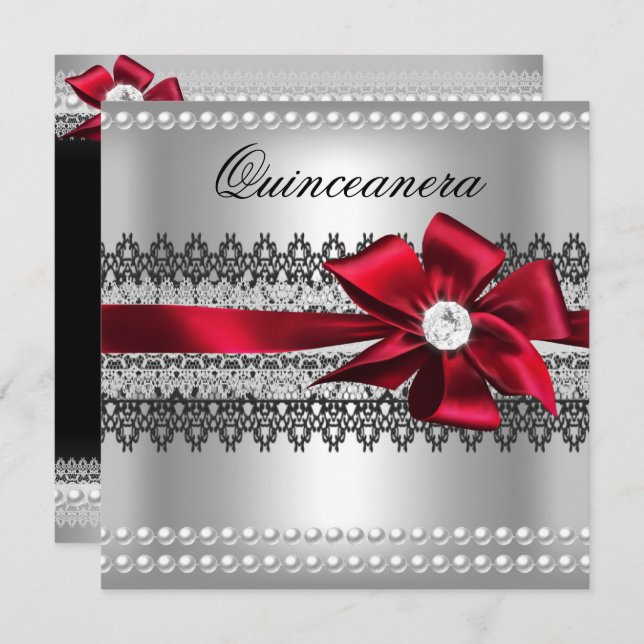 Quinceanera Red Bow Black Pearl Lace Diamond Invitation (Front/Back)