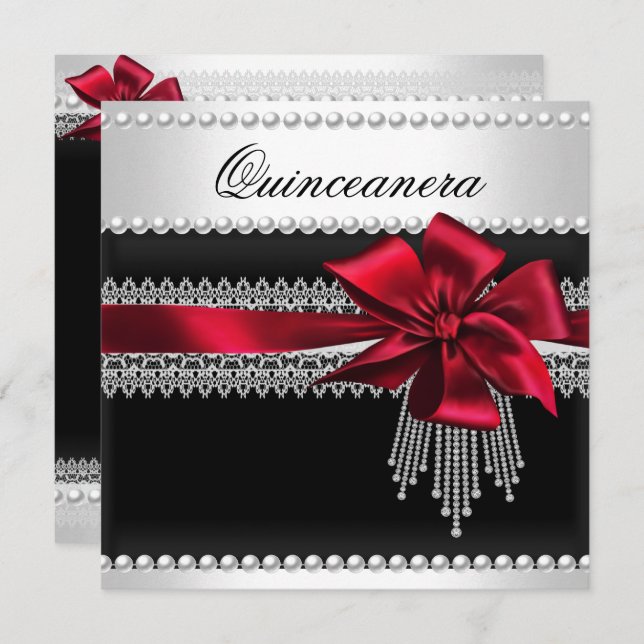 Quinceanera Red Bow Black Pearl Lace Diamond Invitation (Front/Back)