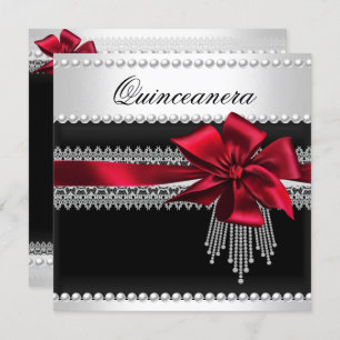 Quinceanera Red Bow Black Pearl Lace Diamond Invitation