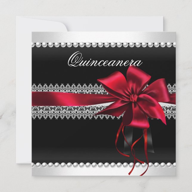 Quinceanera Red Bow Black Pearl Lace Diamond Invitation (Front)