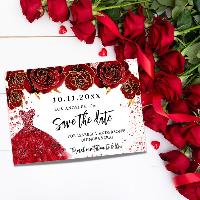 Quinceanera red dress florals white glamourous save the date (Creator Uploaded)