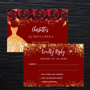 Quinceanera red dress flowers gold RSVP card